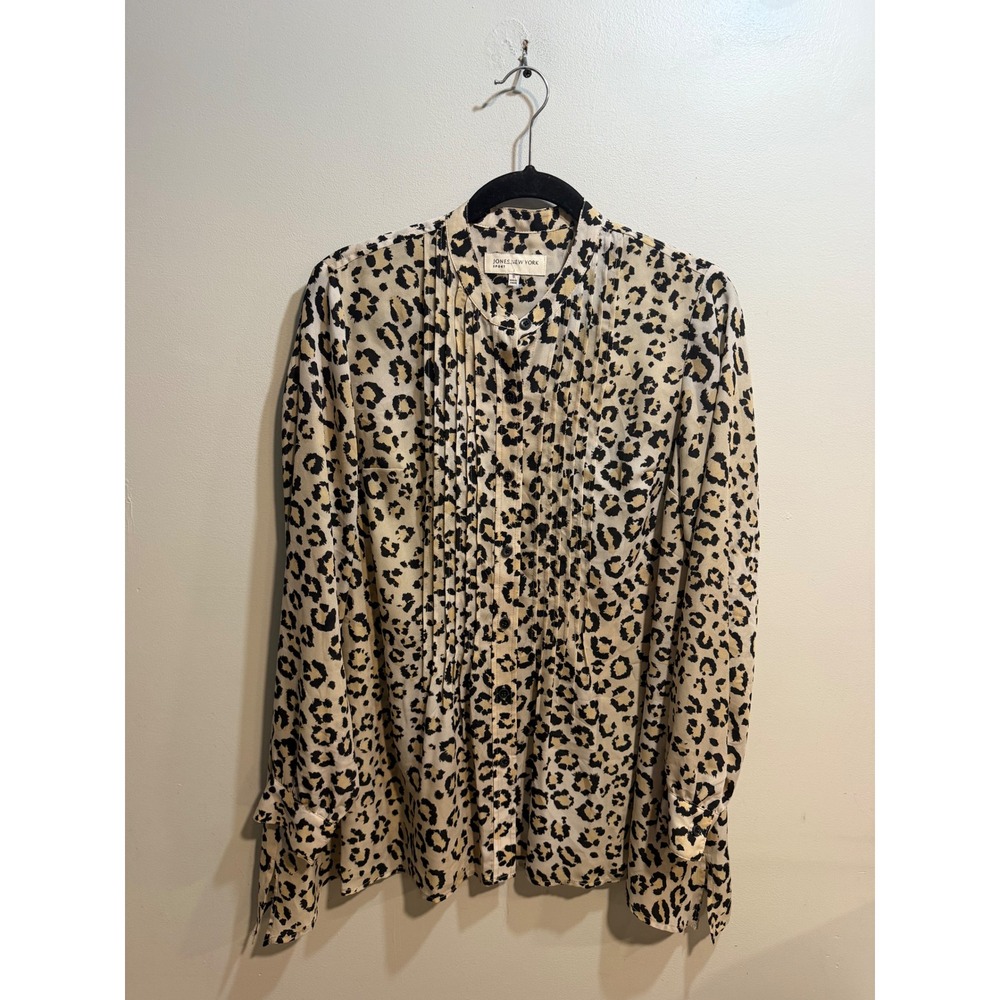 Jones New‎ York Sport Leopard Print Pintuck Button Down Blouse Tan Black Small